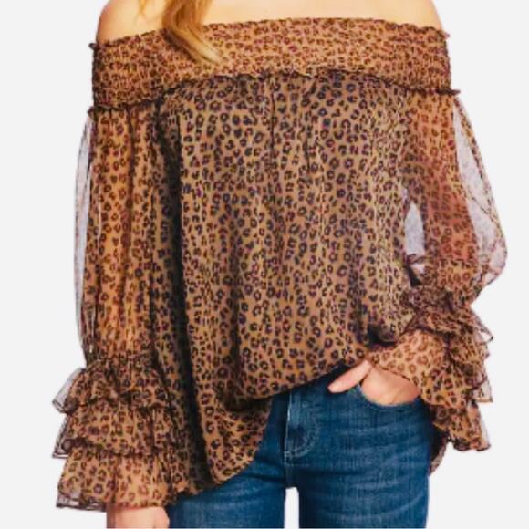 CECE Leopard Print Off-Shoulder Ruffle sleeve top, Size Small - Picture 1 of 10